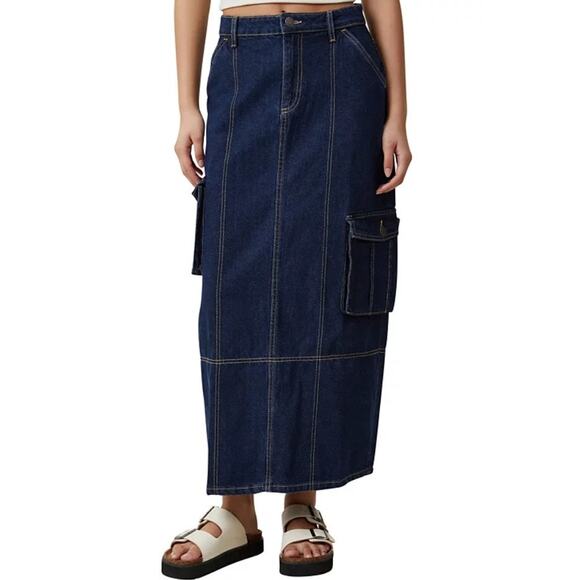 Cotton On Dark Wash Cargo Back Split Rigid Cotton Denim Maxi Skirt Womens US 8 - Picture 1 of 7